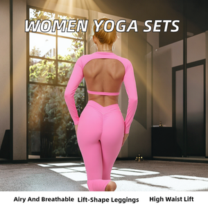 Conjuntos Deportivos Sólidos para Mujer con Logotipo Personalizado, Top Corto sin Espalda con Fruncido que Realza Glúteos, Leggings de Yoga con Cintura en V, Transpirables, para Gimnasio y Fitness - Product Image 2