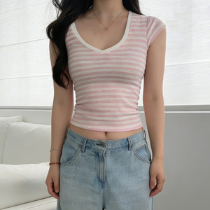 เสื้อยืดแขนสั้นคอวีลายทางสไตล์เกาหลีเรียบง่ายแฟชั่นอเนกประสงค์สำหรับผู้หญิงฤดูร้อนทรงเข้ารูปพอดีตัว - Product Image 5