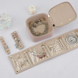 Boîte à bijoux simple et pochette de rangement pour accessoires en cuir PU et velours avec fermeture éclair, sac à bijoux transparent portable et pochette de voyage - Product Image 5