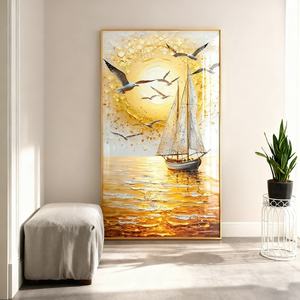 Peinture murale moderne pour salon, décoration d'entrée, peinture de paysage doré, art mural LED, peinture en porcelaine cristalline - Product Image 2