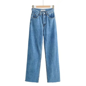 Pantalones Vaqueros de Mezclilla para <span class=keywords><strong>Mujer</strong></span>, Personalizados al por Mayor, Lavado Azul, Cintura Alta, a la Moda, Casuales, de Pierna Ancha, de Gran Venta - Product Image 3