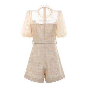 <span class=keywords><strong>Tuta</strong></span> da donna estiva a vita alta <span class=keywords><strong>Beige</strong></span> Skinny con Plaid in Nylon traspirante e manica a bolle comoda e alla moda - Product Image 2