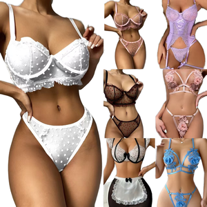 Ensemble de lingerie sexy en dentelle, soutien-gorge en dentelle transparente <span class=keywords><strong>et</strong></span> ensemble minimaliste, taille haute <span class=keywords><strong>et</strong></span> entrejambe moins de vêtements pour femmes matures - Product Image 1