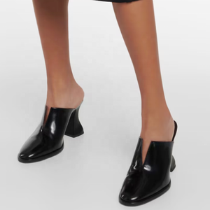 Mules d'été à talons courts pour femme, grande taille 46, en cuir véritable, bout fermé, couleur unie, coupe large - Product Image 3