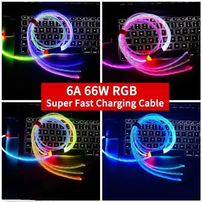 66W 6A RGB 3 In 1 Light Usb Luminous Glow Flowing Mobile Phone Data Charger Cable For All Phones