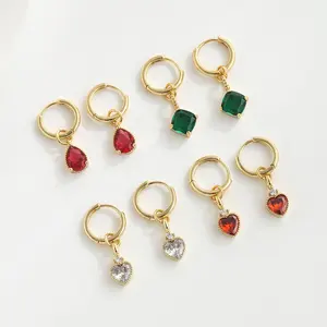 High Quality Gold Plated Hip Hop Metal Earrings Heart Shape Ruby Zircon 2-Way Design For Girls