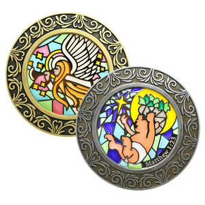 Moneda Circular de Vitral con Ángel de la Natividad, Relieve Ornamentado, Chapado en Bronce Antiguo Dorado, Eventos Cristianos de Navidad - Product Image 1
