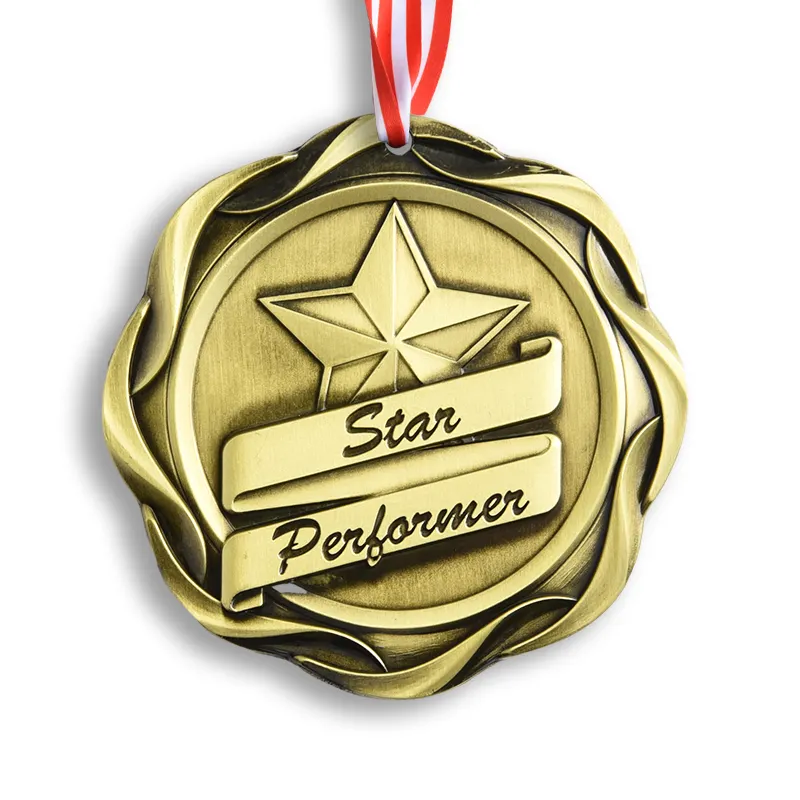 रिबन के साथ अपना खुद का लोगो स्टार पैटर्न गोल्ड कस्टम गोल धातु स्मारिका पदक डिज़ाइन करें