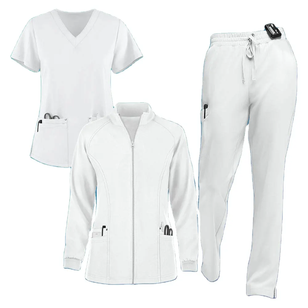 2024 Unissex impermeável Spandex Algodão jaqueta elástica esfrega uniforme médico conjuntos de enfermagem branco decote em V conjuntos de uniformes enfermeira