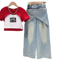 Nouvel Ensemble Deux Pièces T-Shirt et Jean Style Décontracté d'Été pour Filles, Tissu Coton Tendance, Modèle Bébé à la Mode et au Style Étranger