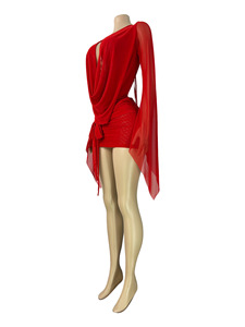 <span class=keywords><strong>Abito</strong></span> da donna primaverile alla moda, in rete trasparente, con scollo a V profondo, senza schienale, <span class=keywords><strong>maniche</strong></span> <span class=keywords><strong>lunghe</strong></span> svasate, modello avvolgente, mini <span class=keywords><strong>abito</strong></span> - Product Image 5