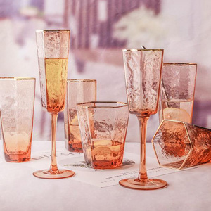 Vaso Hexagonal <span class=keywords><strong>de</strong></span> Vidrio Ámbar con Borde Dorado, Nuevo Diseño Solhui <span class=keywords><strong>2021</strong></span> - Product Image 3