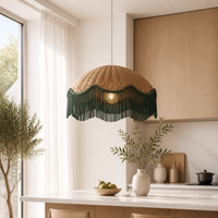 Lustre suspendu en rotin tressé à la main, abat-jour festonné, style bohème, franges, couleur naturelle, charbon de bois, pompons, pour salle à manger et cuisine, LED