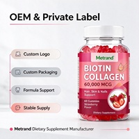Gummies de biotine et collagène Metrand saveur fraise pour soutenir les cheveux, la peau et les ongles, 60 gummies, complément alimentaire OEM sous marque privée