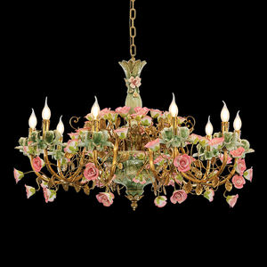 مصباح نحاسي فاخر على طراز الروكوكو من جويلريتوب، إضاءة معلقة بزهور خزفية خضراء، ثريا زخرفية فرنسية - Product Image 3