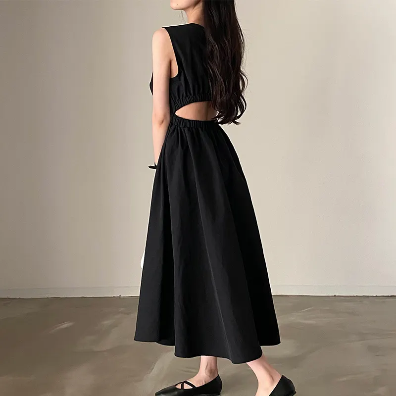 Wholesale 2023 Korean Chic Summer Vintage Style Round-neck Back Hollow-out Open Waist Waist Show Thin Sleeveless Vest Dress