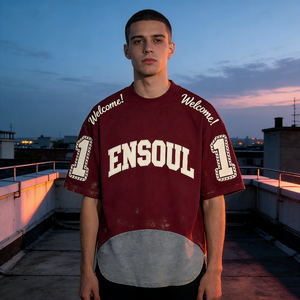 T-shirt Vintage OEM da Uomo in Cotone Pesante con Grafica Distressed, Applicazioni, Spalle Cadenti, Collo Alto e Orlo Curvo - Stile Streetwear - Product Image 3