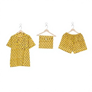 100% Pure Cotton Elegant Block Printed Pattern Women's Short Sleeve V-Neck Pajama Set Soft <b>Drawstring</b> Closure Quick Dry - Product Image 1