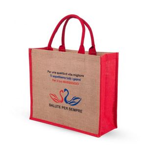 2026 Online Best Selling Natural Burlap With Red Sides Sublimation Laminated Jute Tote Shopping <b>Bag</b> - Product Image 3