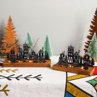 Support de Bougie de Noël en Bois et Métal, 2 Tailles, Motif Maison de Village, Arbre de Noël, Renne, Cheminée, Scène Forestière, Décoration Maison