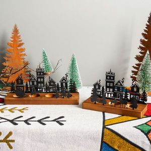 Casa de pueblo en miniatura de madera y metal con mesa, árbol de Navidad, reno, chimenea y escena de bosque, decoración para el hogar, portavelas navideño - Product Image 6