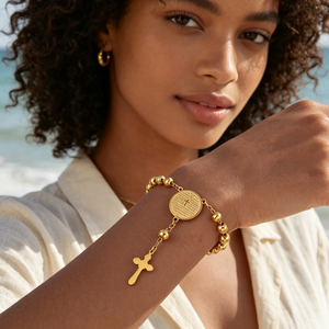 Western Geometric Gold Plated Smooth Ball Rosary Cross Prayer Scripture Coin Adjustable 316L Stainless Steel Women's <b>Bracelet</b> - Product Image 1