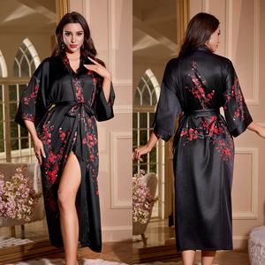 Lumee jubah Satin wanita baru dengan motif bunga prem merah Satin hitam, jubah pengantin, piyama Satin. - Product Image 6