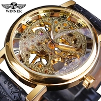 Montre-bracelet de luxe pour homme Winner, squelette transparent doré, design tendance, bracelet en cuir marron, boîtier ovale de 20 mm, cadran en verre
