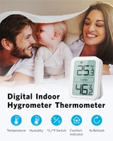 Thermomètre et hygromètre numériques en plastique avec plage de -9 à 65°C, précision 1°, niveau de confort pour usage domestique