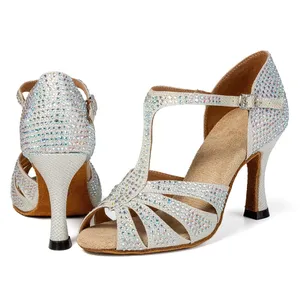 Collezione Estiva: Scarpe da Ballo Latino per Donna, <span class=keywords><strong>Tacco</strong></span> <span class=keywords><strong>Medio</strong></span> 7,5 cm, <span class=keywords><strong>Argento</strong></span> <span class=keywords><strong>con</strong></span> Borchie e Diamanti, Tomaia Alta in Rete Morbida - Product Image 1