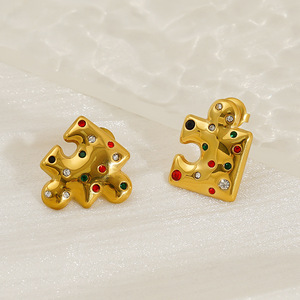 ZOGXIN Gold Plated Stainless Steel Jigsaw Puzzle <b>Stud</b> Earrings With Colored Stones For Women Party Jewelry - Product Image 3