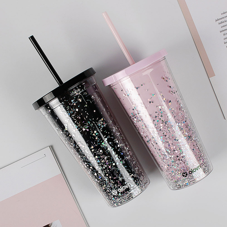 Лидер продаж 2021 Amazon, акриловый блеск с двойными стенками без бисфенола А с соломинкой