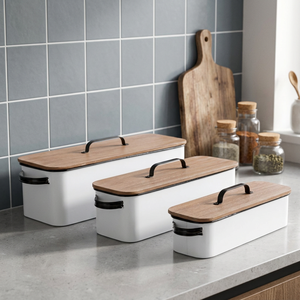 White Metal Storage Box Set with Wooden Lids and Strong Handles for Modern Airtight <b>Kitchen</b> <b>Pantry</b> and Home Organization - Product Image 1