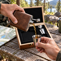 Ensemble cadeau de flacons à liqueur en cuir personnalisables avec gravure laser, comprenant 2 verres à shot, entonnoir et boîte en bois, pour garçons d'honneur et événements d'entreprise