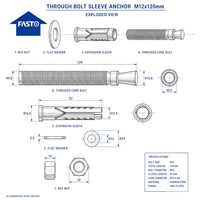Ancre à vis traversante en acier au carbone zingué M12x120mm avec écrou hexagonal, boulon d'expansion pour fixation dans le béton, la brique et la pierre