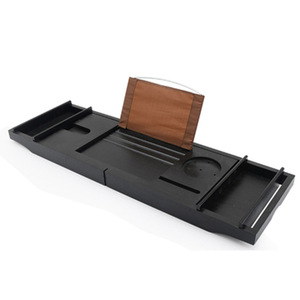 Étagère de bain noire en bambou avec panneau en tissu, support de rangement rétractable pour spa et salle de bain - Product Image 5