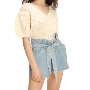 Cárdigan de <span class=keywords><strong>punto</strong></span> grueso con cuello en V y mangas cortas abullonadas para mujer, talla única, estilo casual de primavera 2022, con un solo botón - Product Image 5