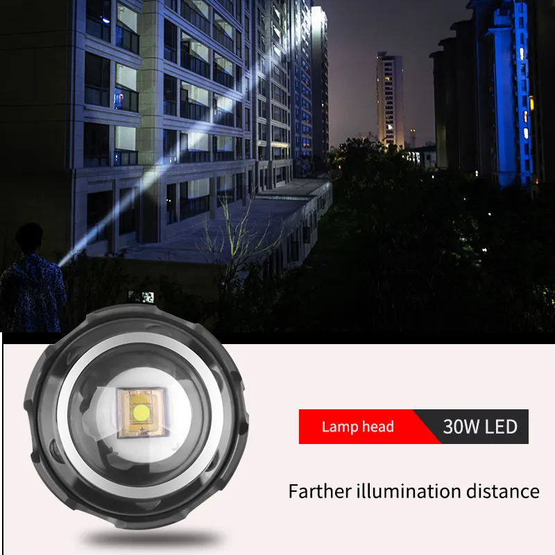 30W xhp70 1500M beyaz el feneri 10km şarj edilebilir Led Torch güçlü Ultra uzun menzilli el fener açık hava aydınlatması