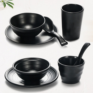 <b>Black</b> Melamine Bowl Set With Spoon And <b>Plate</b> Round Solid Color For Daily Use 4 Piece Commercial Tableware - Product Image 4
