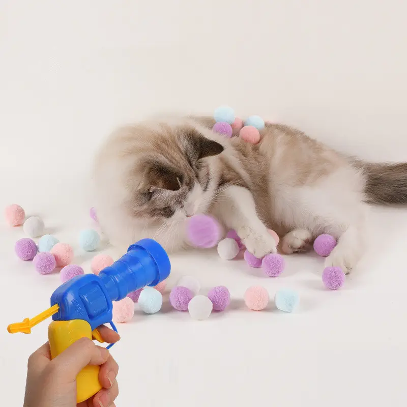 Brinquedo gato Pistola do lançador bola Gato Fetch Toy Plush Ball Shooting Gun Brinquedos gato Bolas Pom Pom interativas