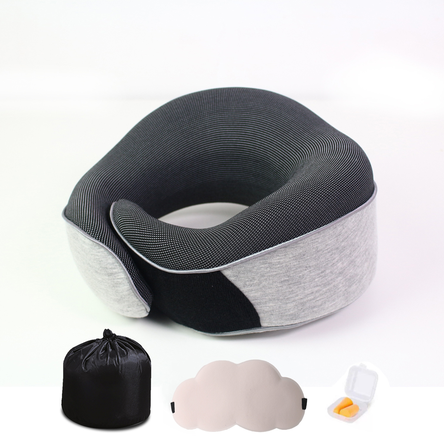Conjunto de antifaz y tapones para los oídos en color gris claro.