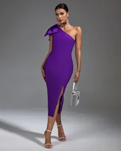 Ocstrade Vestidos Robe De Soiree Chic Bow una spalla abito da festa con spacco alto abiti Sexy viola per le donne abiti da sera con fasciatura