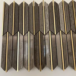 Luxury New Design Wooden Grey Marble Inlay Brass Mosaic Tiles For Wall And Floor Decoration & Marble Mosaics For Villa