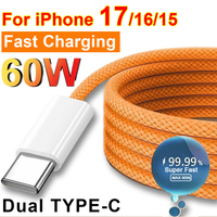 Câble de charge rapide USB-C vers Type-C 60W avec transfert de données et gaine en nylon pour téléphones mobiles (iPhone 17 Pro Max Air 15/16 Android)