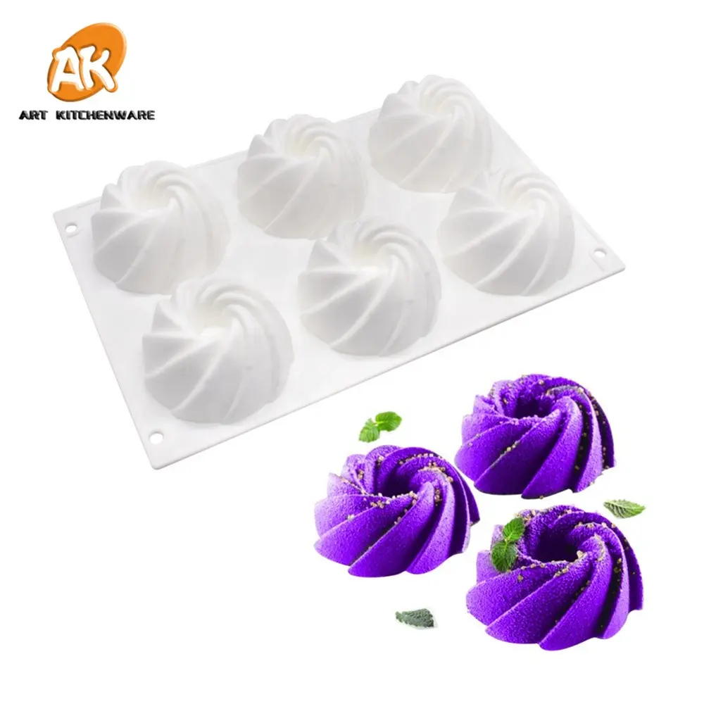 AK 6 cavidades espiral 3D silicona Mousse pastel moldes para panadería utensilios de cocina herramientas de decoración de pasteles DIY molde de jabón de Chocolate