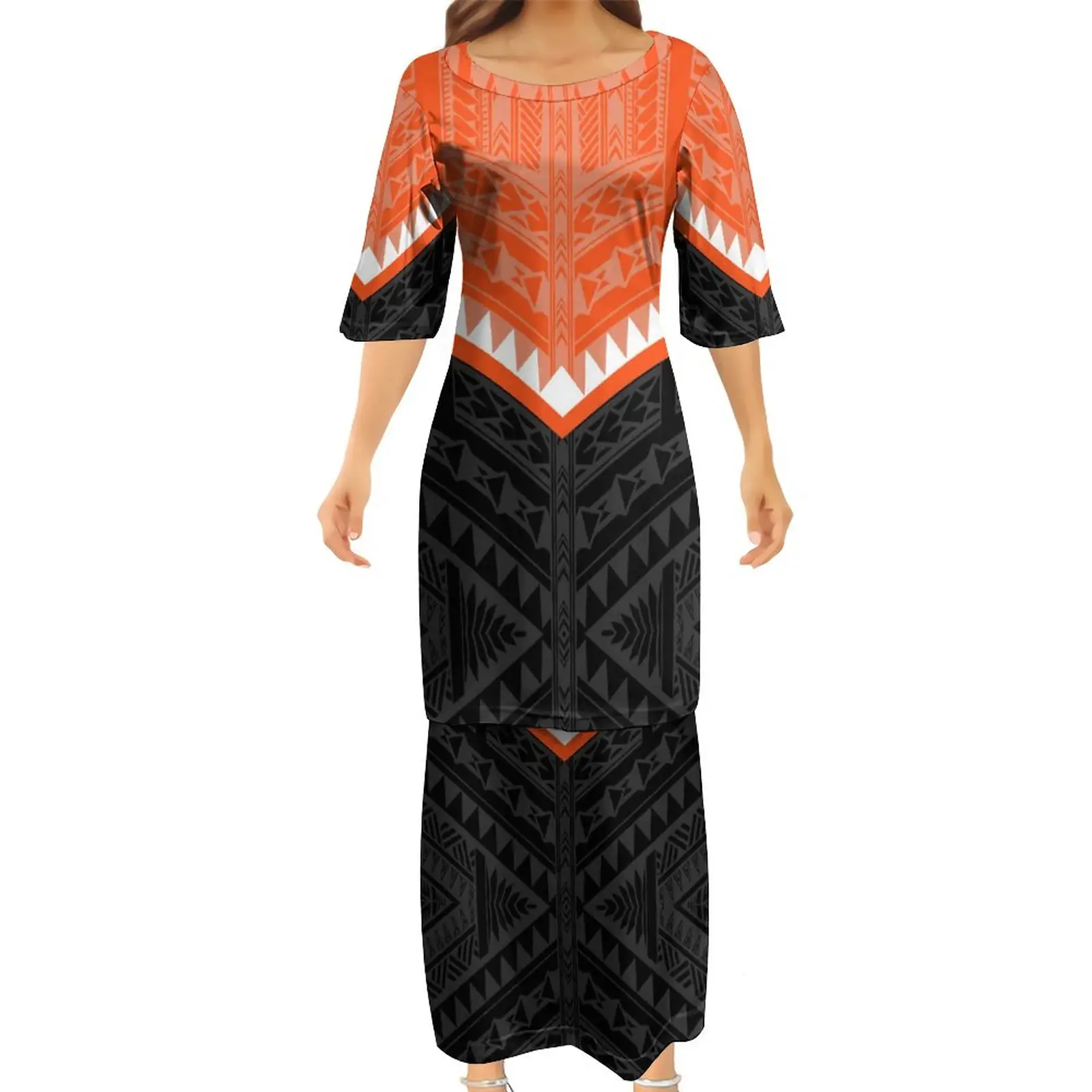 오렌지 및 블랙 미크로네시아 디자인 패션 하프 슬리브 드레스 폴리네시아 사모아 부족 사용자 정의 패턴 Puletasi 두 조각 1 MOQ
