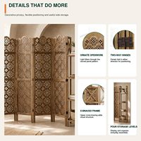 Paravent en bois sculpté à 4 panneaux avec 4 étagères |   Écran de séparation semi-transparent de style Art déco pour la décoration et le rangement
