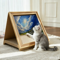 Griffoir pour chat en carton ondulé, design toile de fond peinte à l'huile, cadre photo, toile remplaçable, jouet à gratter pour animaux de compagnie