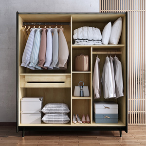 Armario con Puertas Corredizas de Madera Maciza, Color Cerezo Negro Vintage y Nogal Natural, Mueble de Almacenamiento para Dormitorio que Ahorra Espacio - Product Image 1