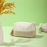 Vente en gros pochette de toilette écologique en toile vierge de jute bambou avec logo personnalisé sac à cosmétiques en toile avec fermeture à glissière dorée